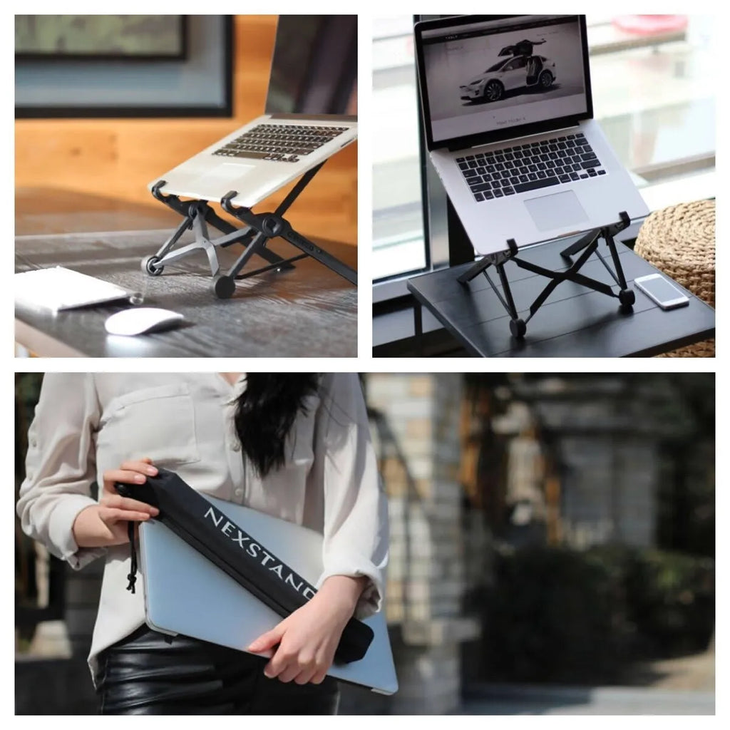 Sagacious black portable folding laptop stand bracket on a desk next to a laptop.