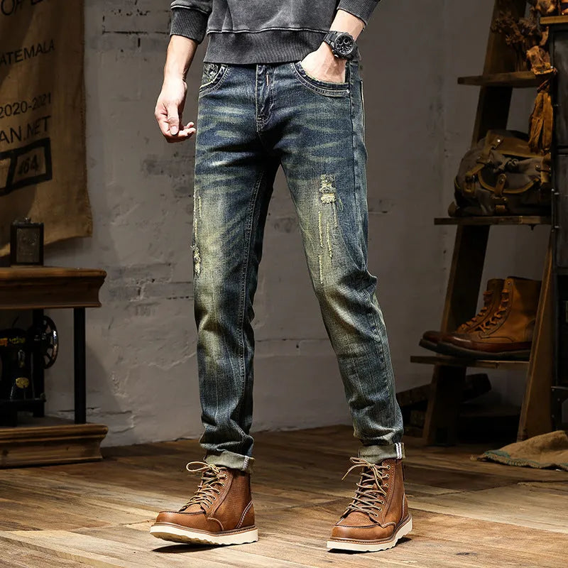Men's skinny fit jeans in retro colour with zip fly, shown flat and on model