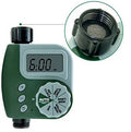 Green digital programmable garden hose water timer with large display and two outlet ports