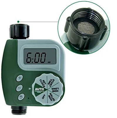 Green digital programmable garden hose water timer with large display and two outlet ports