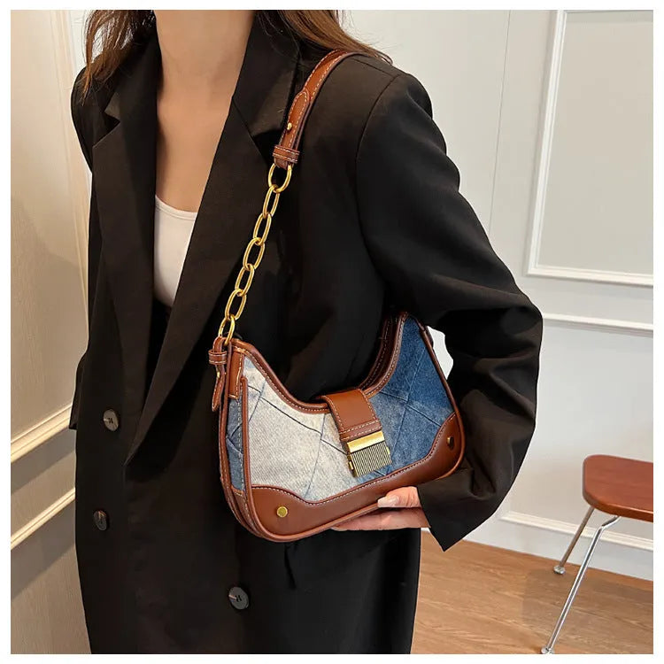 Brown denim women's shoulder bag with diamond mesh chain design and bucket shape