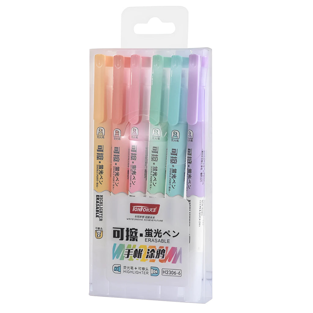 Six double-headed fluorescent marker pens in plastic casing with various coloured barrels