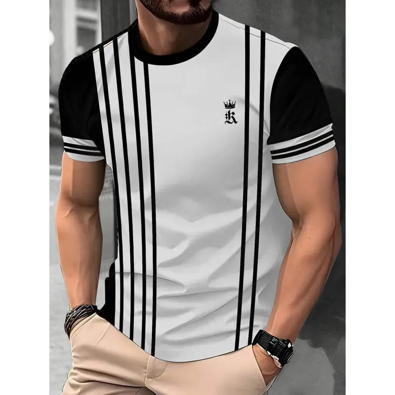 Men's short-sleeved T-shirt with striped digital 3D printing pattern in loose fit casual style
