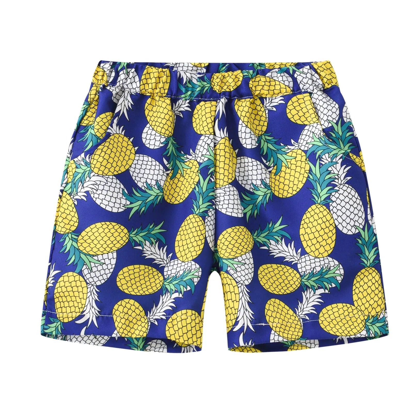 Colourful printed beach shorts on a hanger showing coconut tree and dinosaur designs.