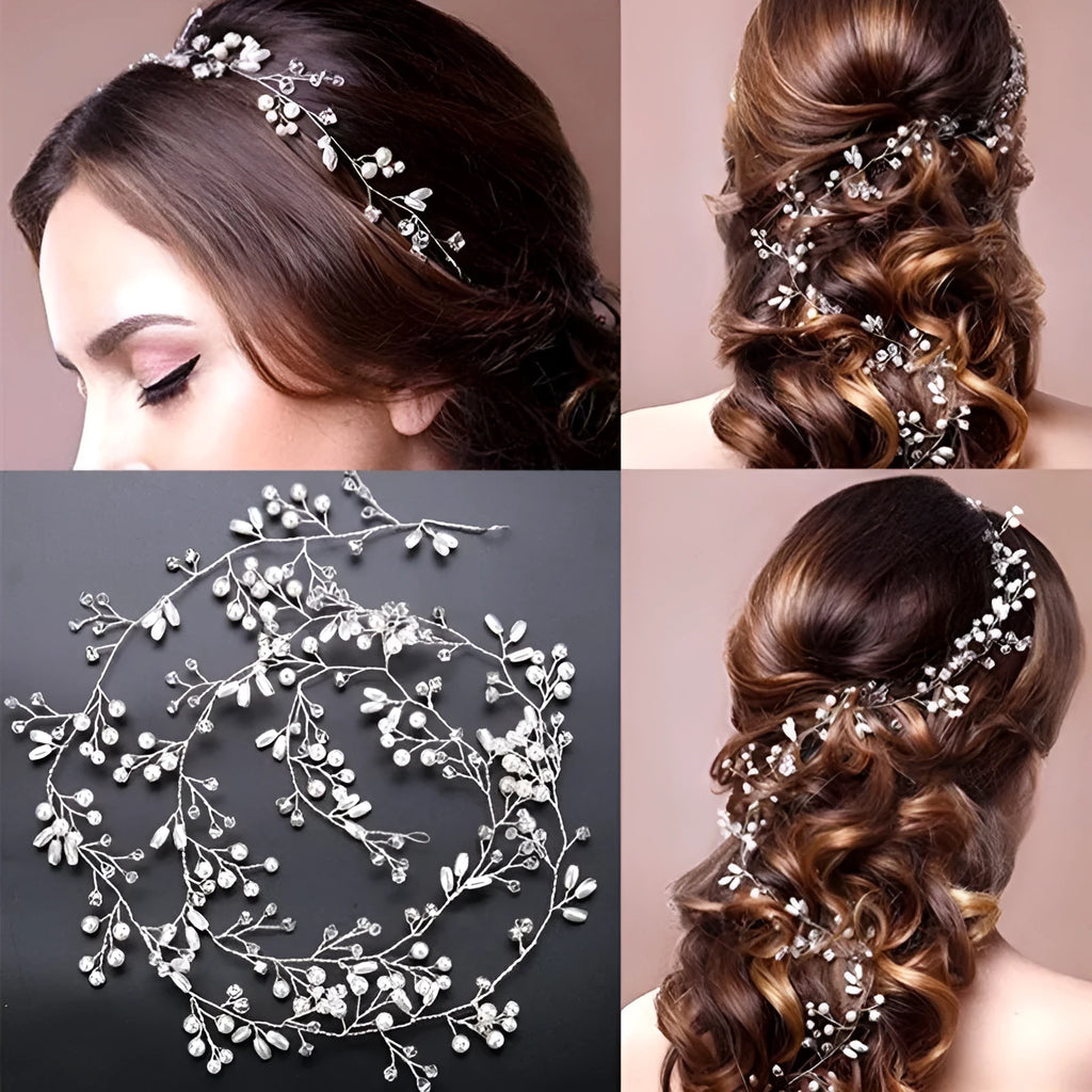 Handmade silver crystal and pearl long hair band for bridal hairstyles on a mannequin head.