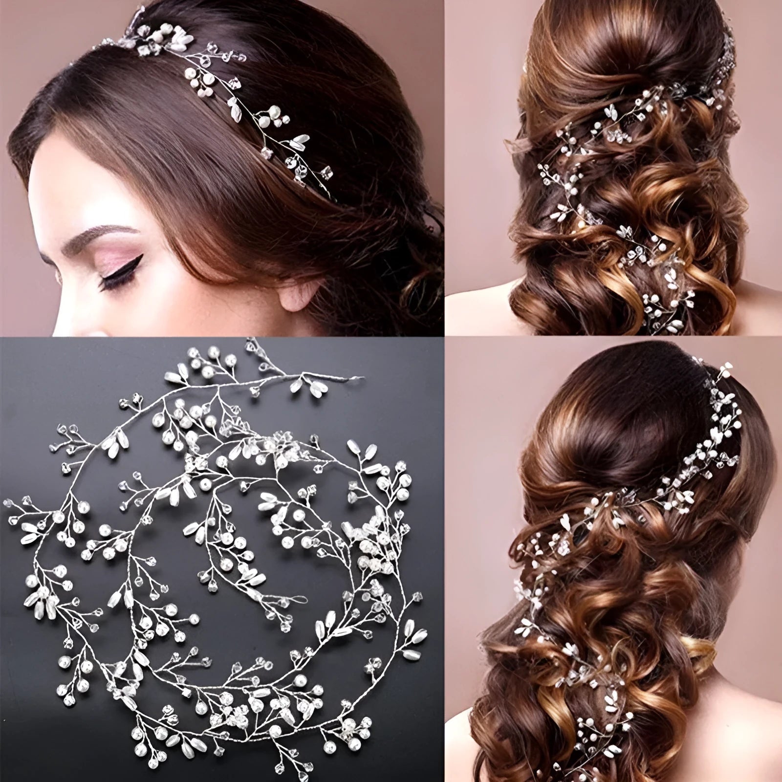 Handmade silver crystal and pearl long hair band for bridal hairstyles on a mannequin head.