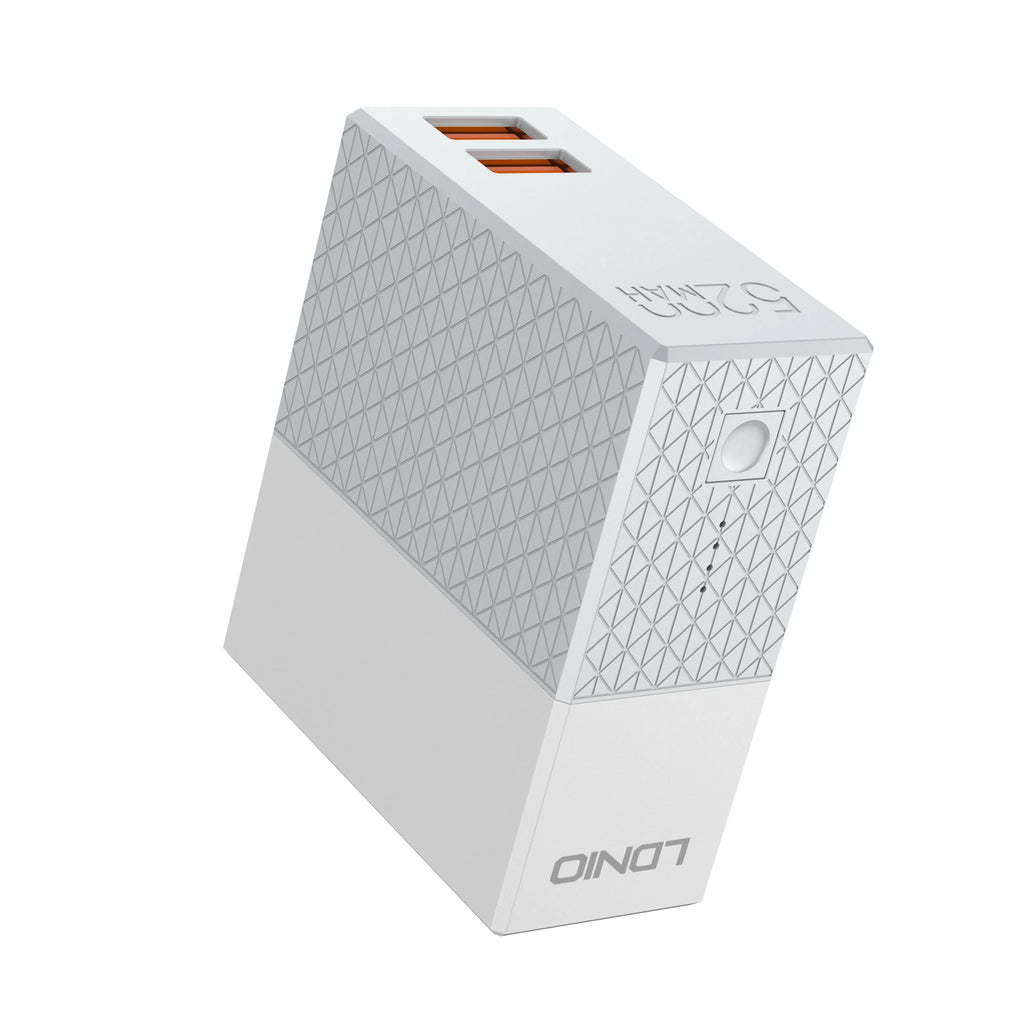 White two-in-one power bank charger with built-in plug, showing compact 71.5mm size.