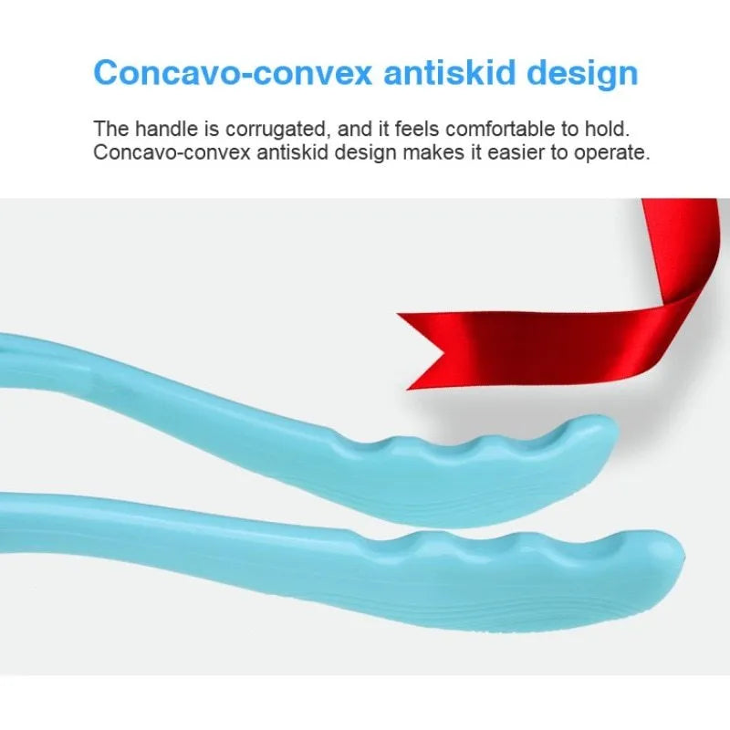 Handheld manual neck massage roller with adjustable stand and removable soft head in blue, green, or pink.