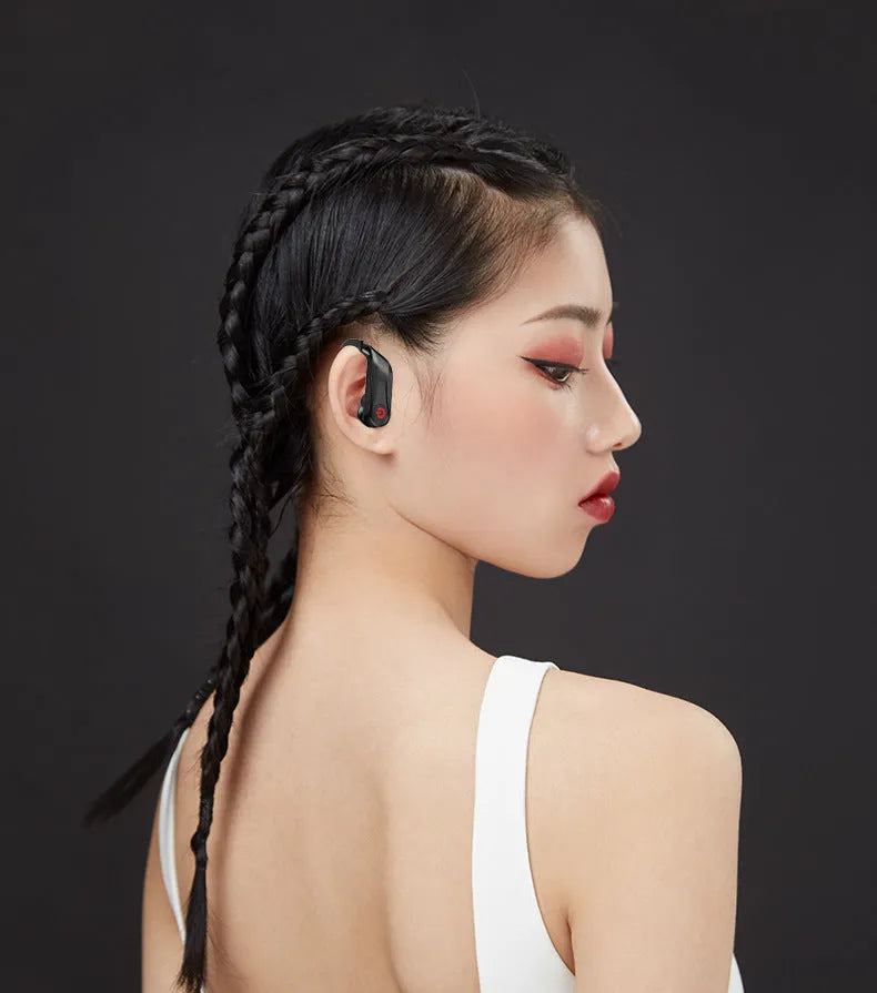 Black wireless Bluetooth earbuds headset with a 10-metre range and voice control functions.