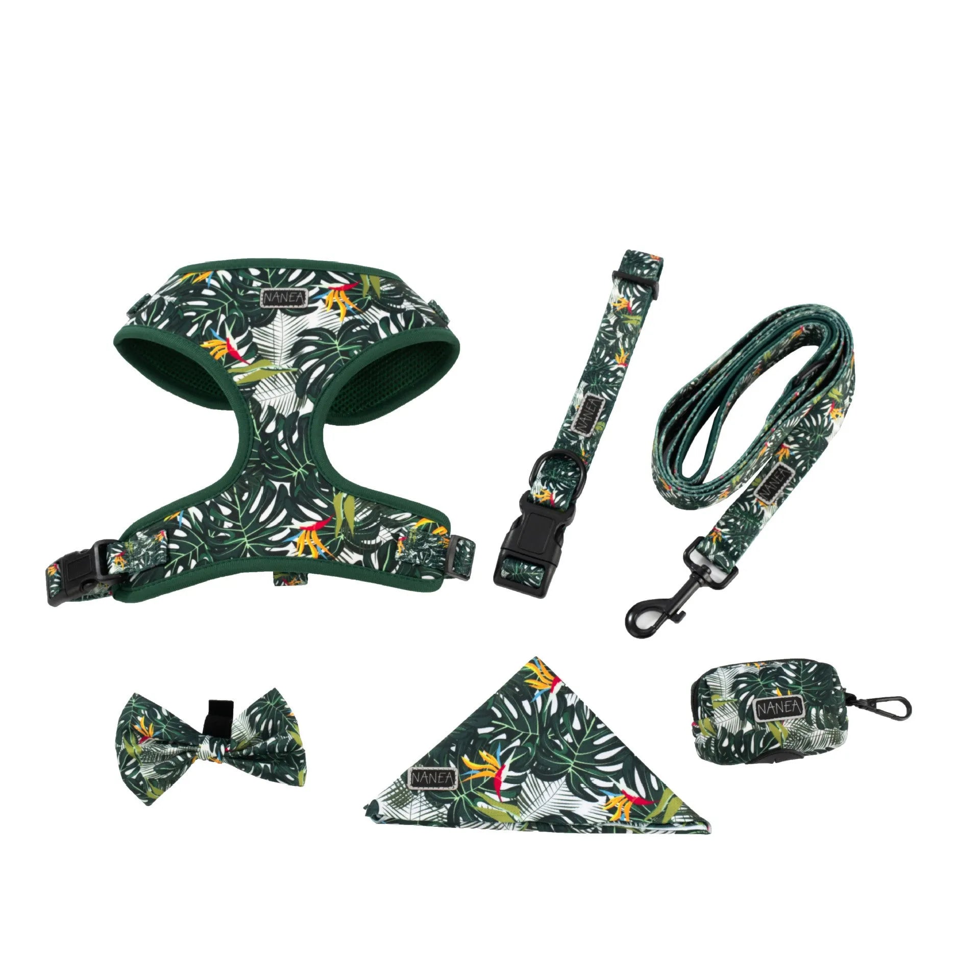 Adjustable cloth dog harness set with six pieces including waste bag and accessories in three size options