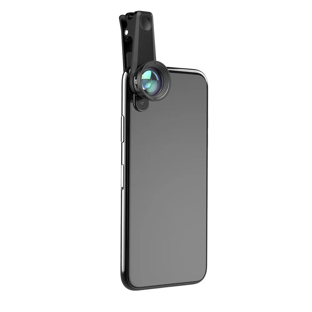 Black aluminium 6-in-1 smartphone camera lens kit with fisheye, macro, telephoto and filter lenses on a universal clip.