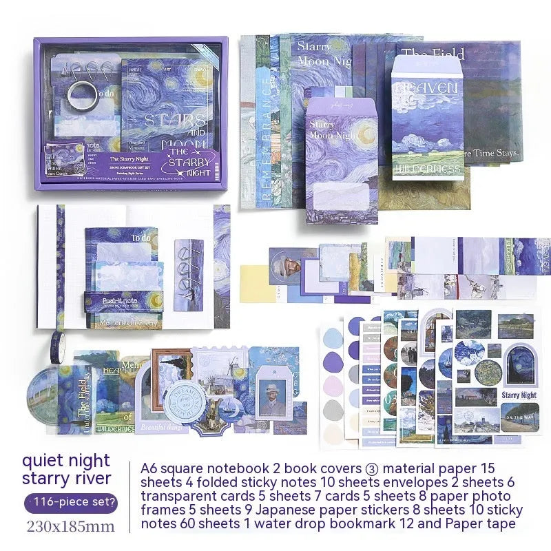 Hand Account Suit creative journal gift box open showing A6 grid notebook, paper stickers, cards, and photo frames.