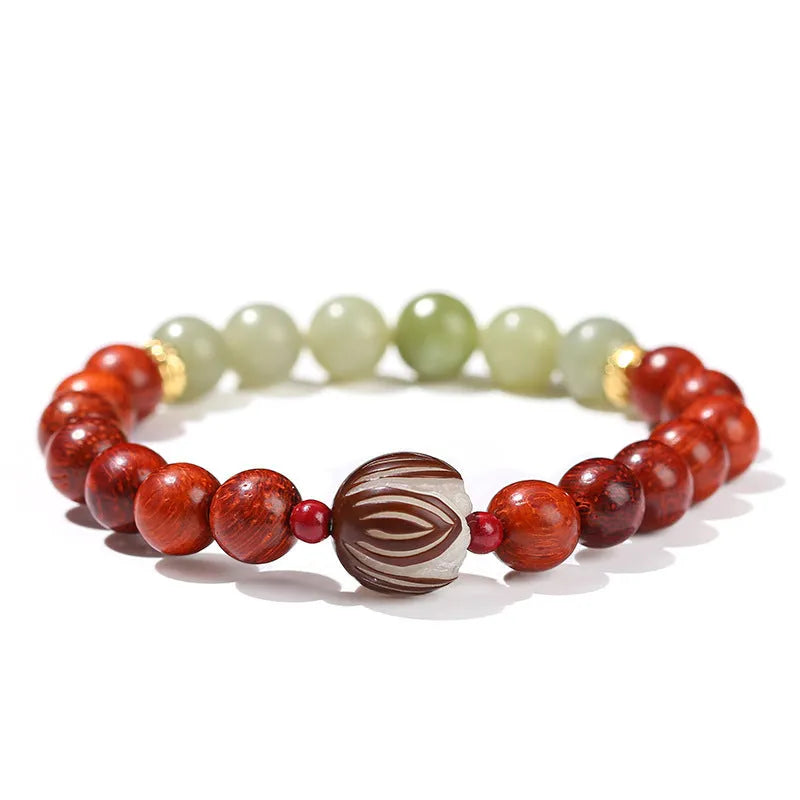 Red rosewood and gray jade Bodhi lotus bracelet with geometric round beads