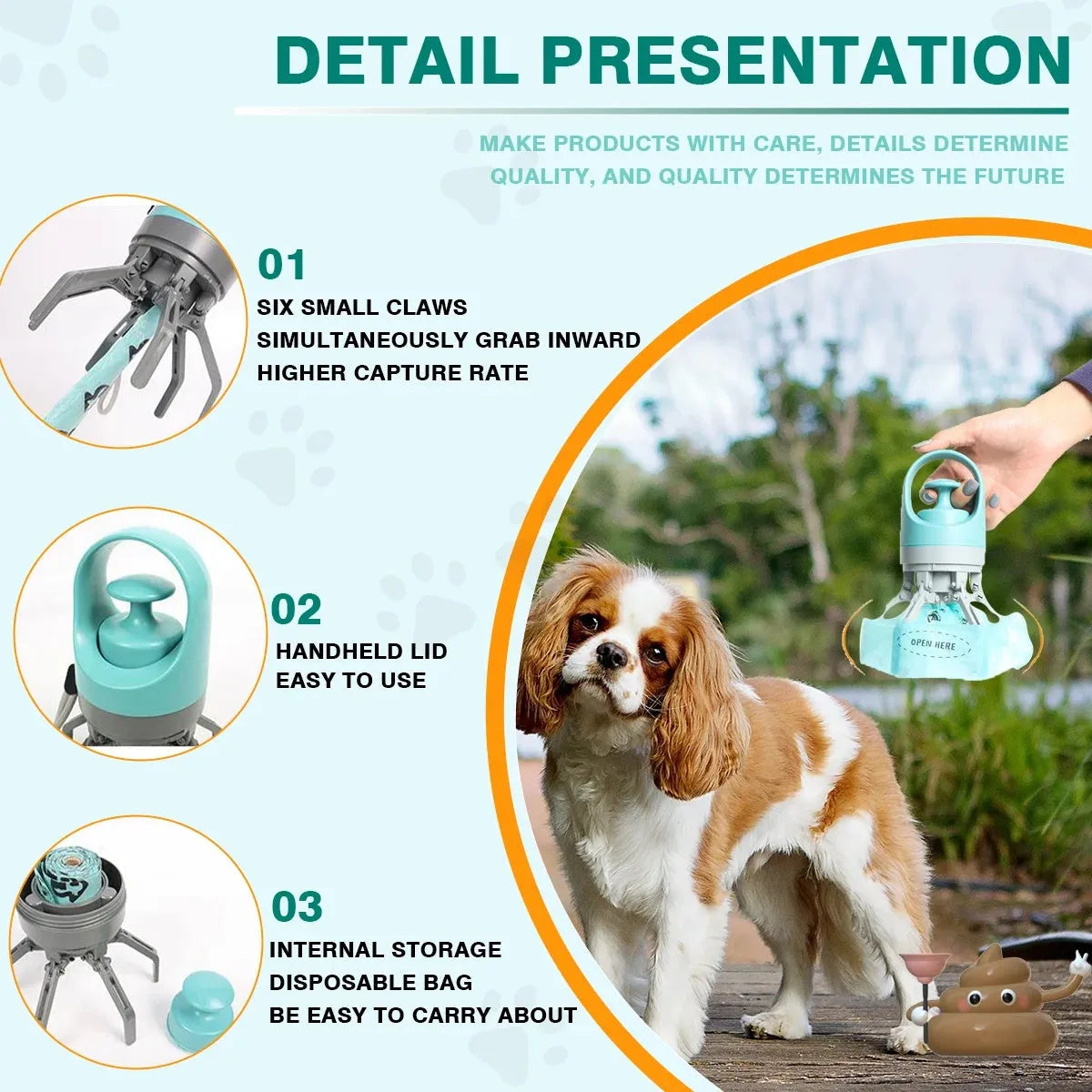 Blue and orange portable dog pooper scooper with claw design and integrated garbage bag dispenser