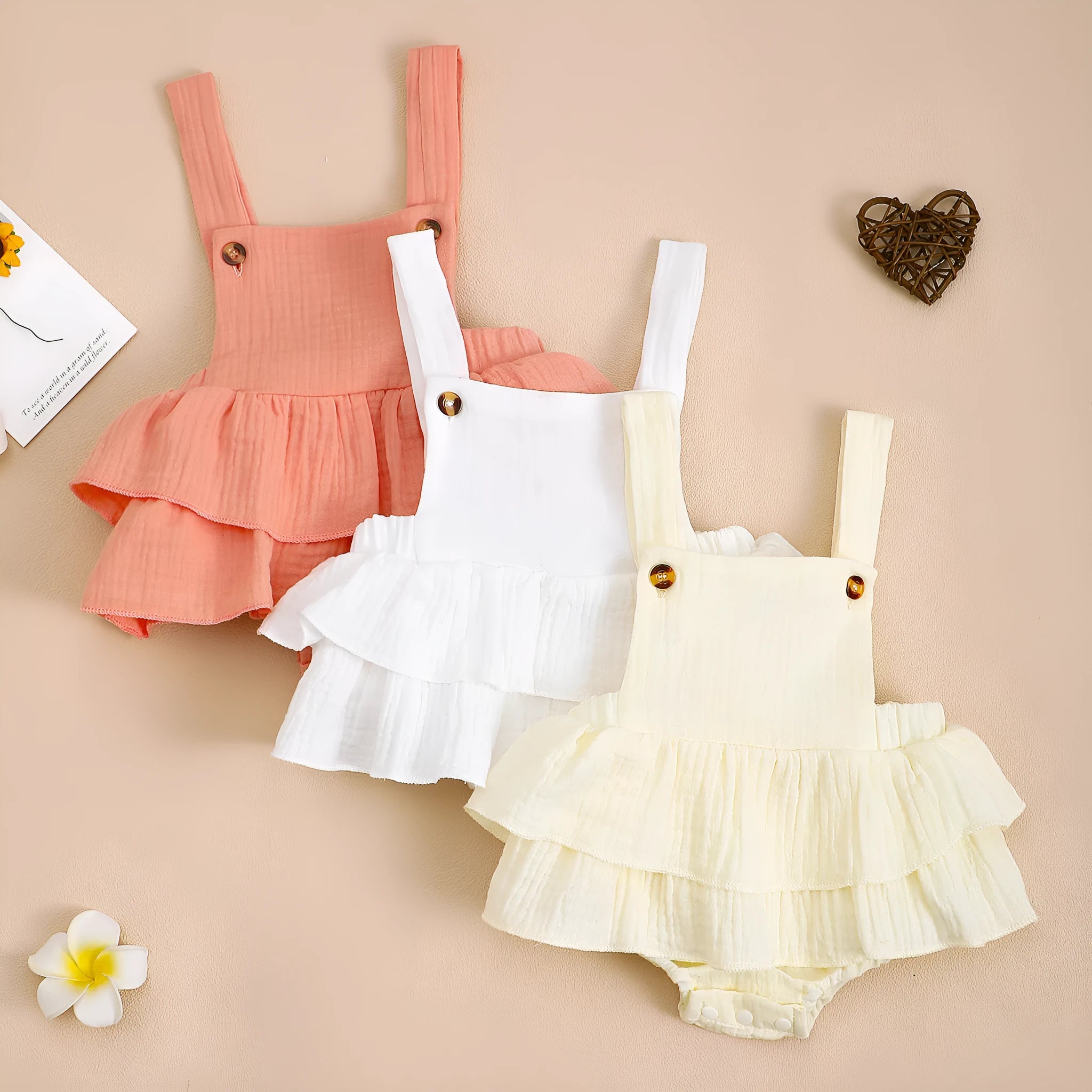 Baby cotton triangle jumpsuit sling dress in summer colours orange apricot white sleeveless hidden hook 0-18 months