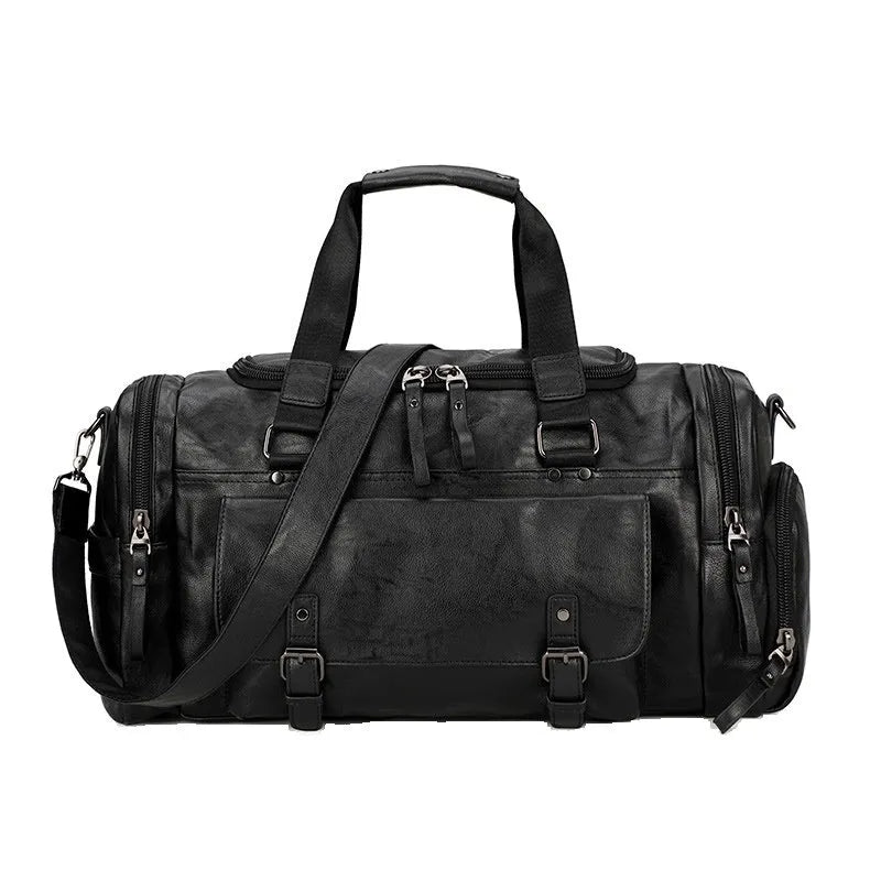 Large black PU travel bag with dimensions 52cm wide, open to show interior for shoe storage.