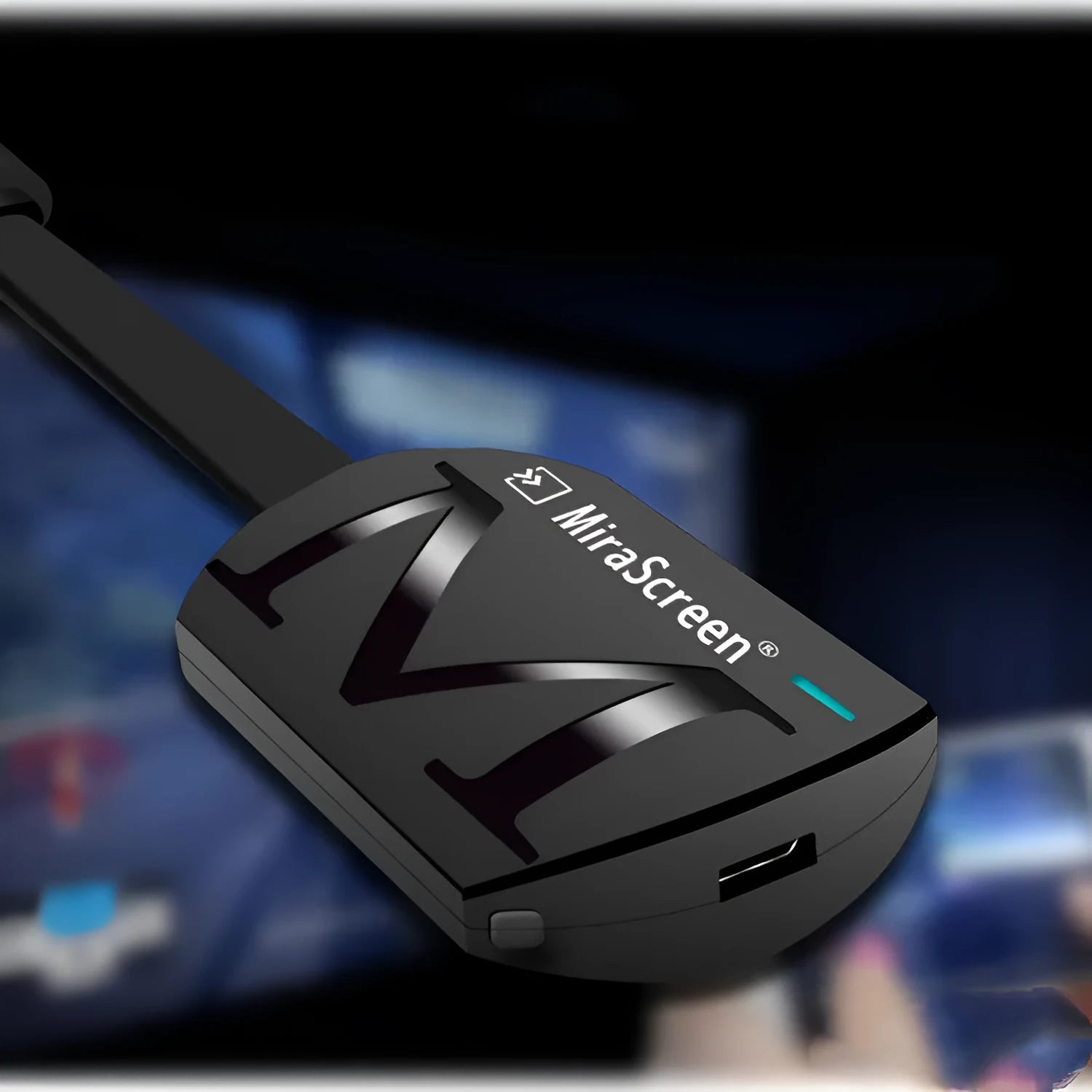 Black USB HDMI dongle for smartphone screen mirroring to TV with 1080p output