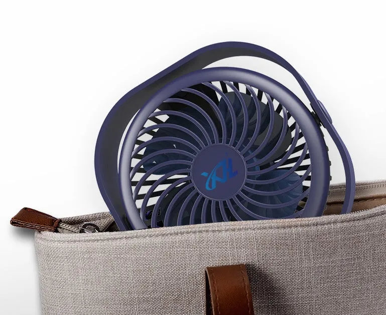 Blue USB desk fan with 360-degree rotation and rotary switch on a desk.