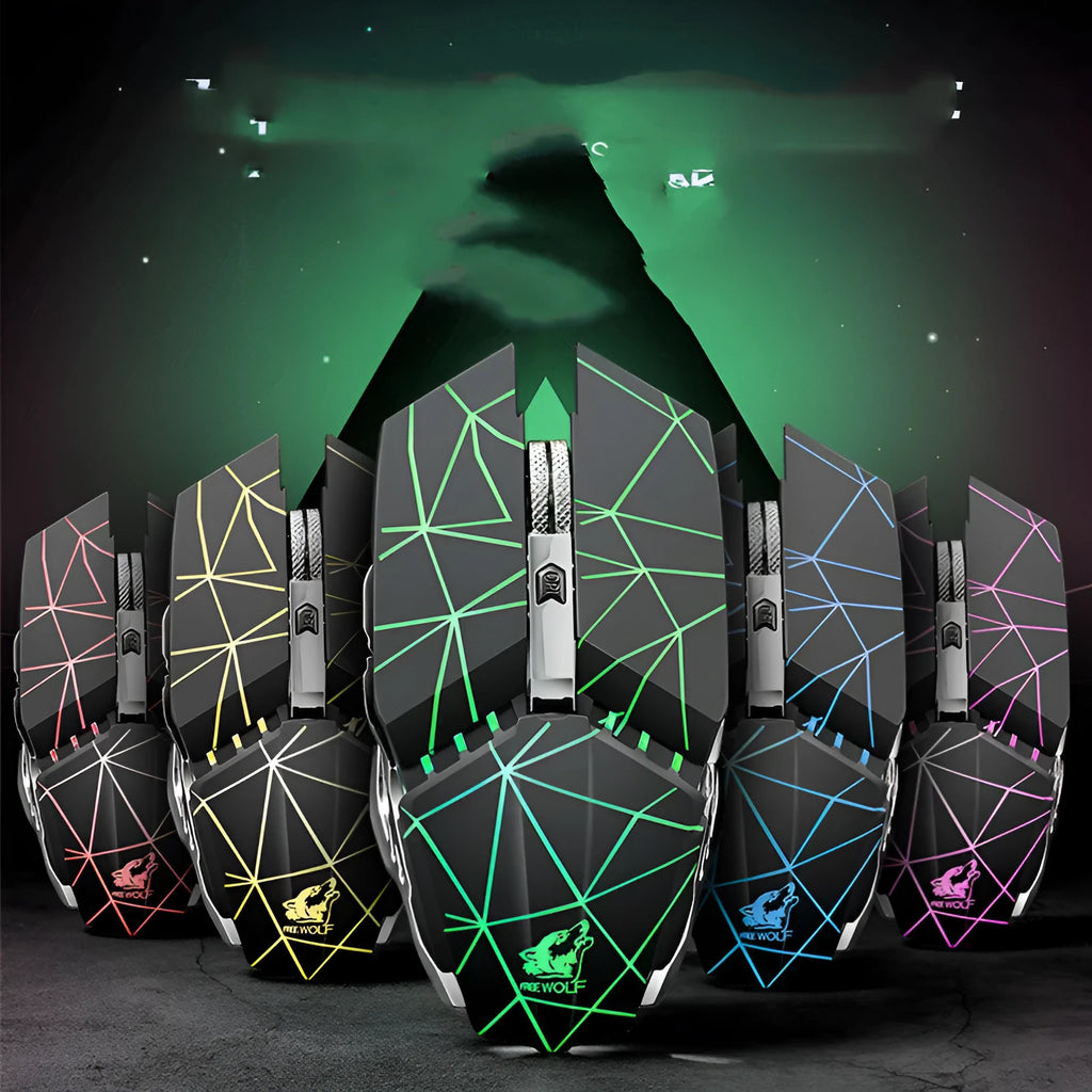 Rechargeable black wireless gaming mouse with six buttons and scroll wheel on a mouse pad