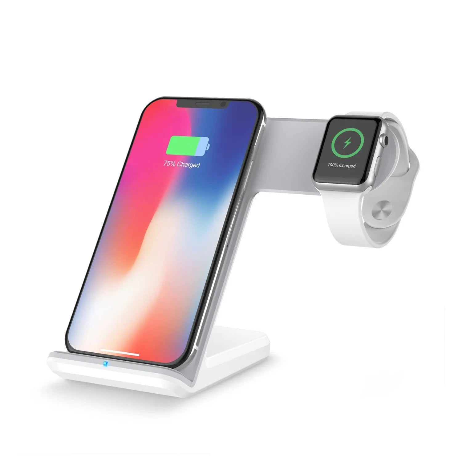 Black wireless phone charger stand with cooling fan showing phone charging upright
