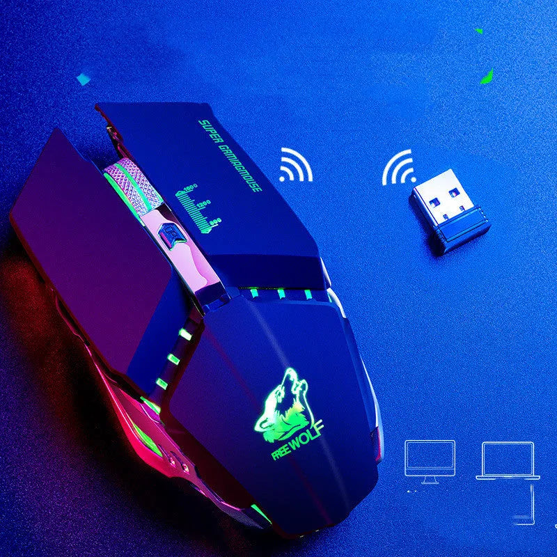 Rechargeable black wireless gaming mouse with six buttons and scroll wheel on a mouse pad