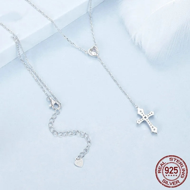 Women's simple V-neck necklace with silver love cross pendant on adjustable chain