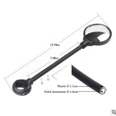 Black bicycle rearview mirror with hose adjustment mechanism mounted on handlebars