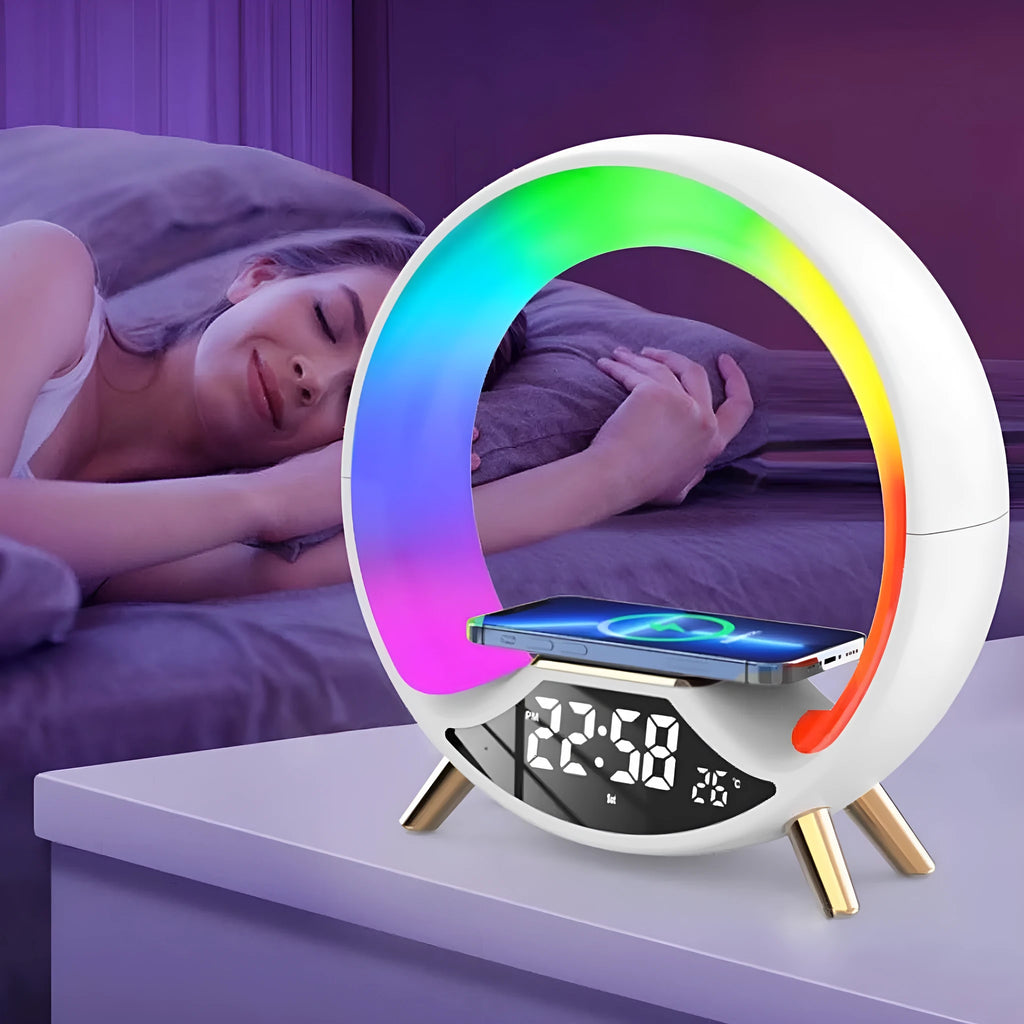 Multifunctional wireless charging bedside lamp with Bluetooth speaker, digital clock display and adjustable lighting