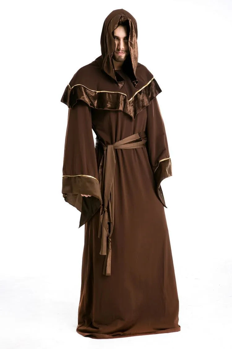Adult wizard costume in picture colour, full-length cotton robe with hood for Halloween