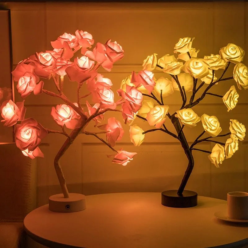 White and red rose flower LED table lamp with USB and battery power options