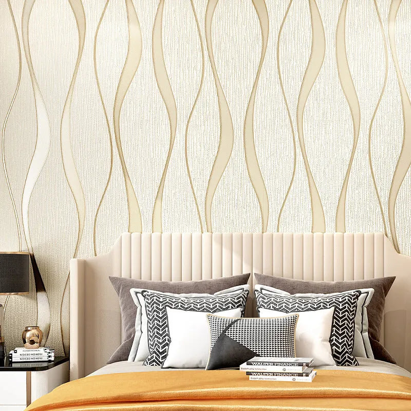Close-up of textured curve stripe pattern on dark brown 3D decorative wallpaper roll.