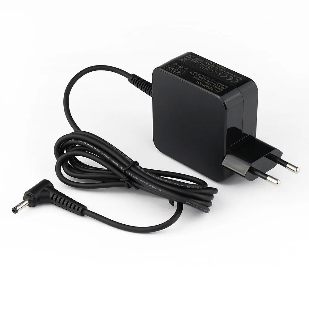 Black 45W laptop power adapter with American plug and DC connector showing dimensions