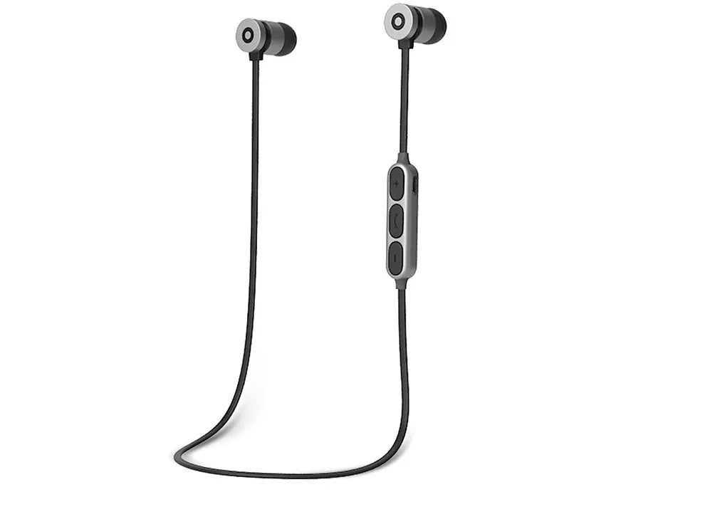 Black wireless neckband sports headset with magnetic in-ear Bluetooth earbuds.