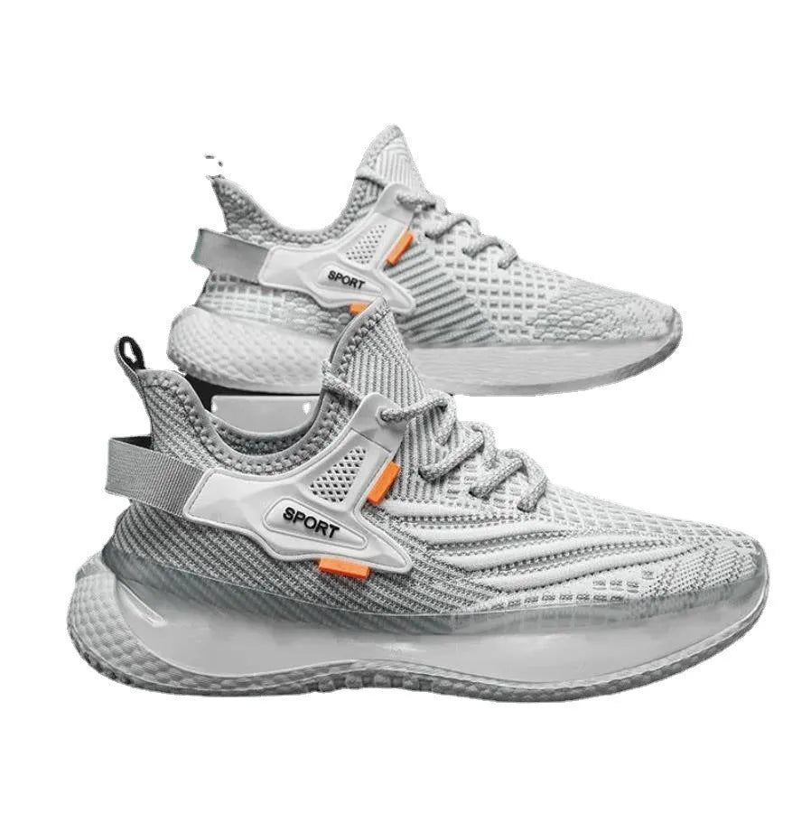Men's white casual mesh sneakers with round toe and flat rubber sole showing side profile