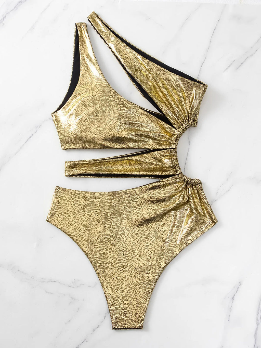 Women's gold backless one-piece swimsuit with sleeveless design and solid colour
