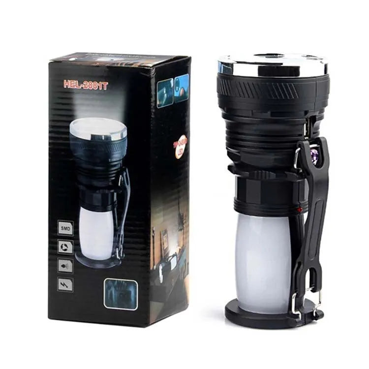 Black solar charging LED emergency flashlight with USB outlet