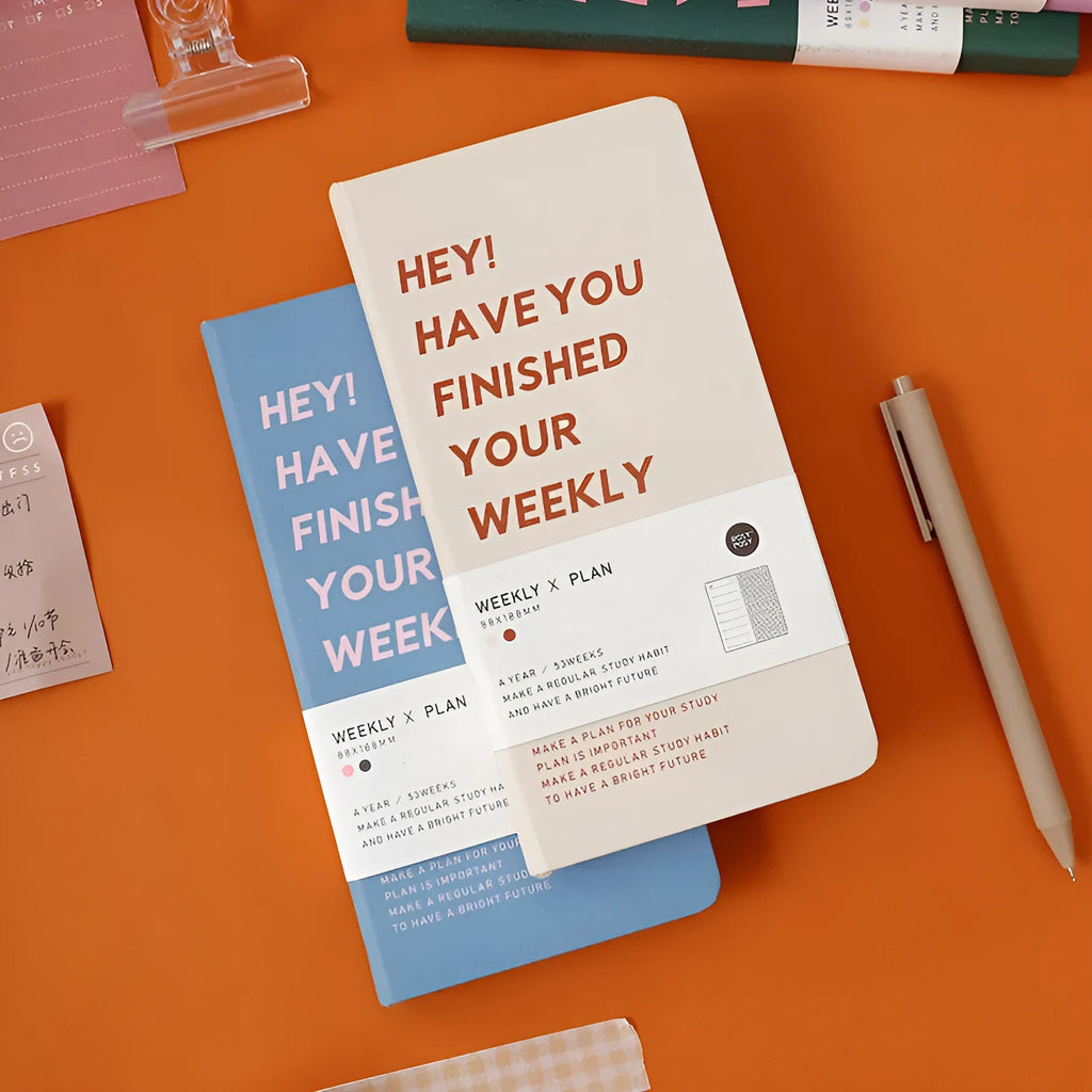 Weekly diary planner with 100 pages in blue, brown, green, and purple colour options