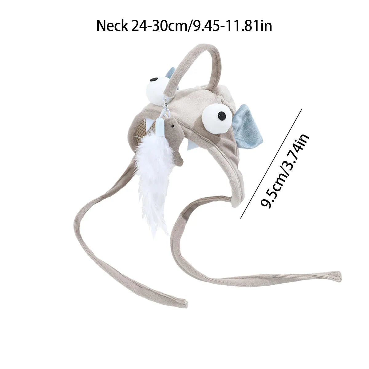 Grey cat teaser toy with adjustable headband, feather decoration, and big eye fish design