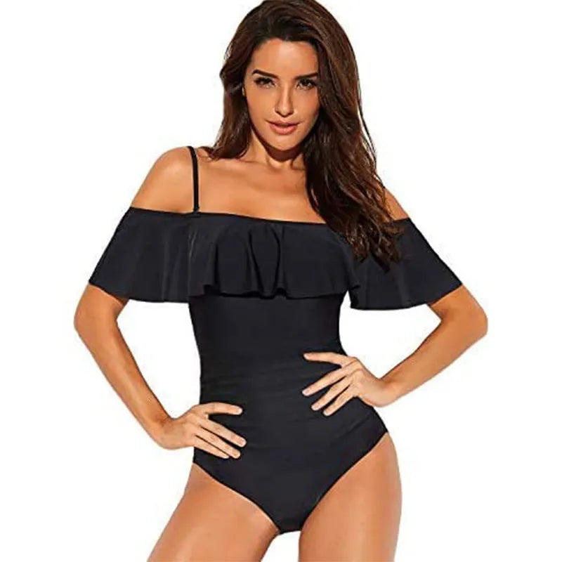 Black one-piece swimsuit with tube top, cut-out design and ruffled straps for swimming sports