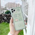 Green iPhone case with geometric smiley face and white polka dot design on a soft rubber TPU back cover.