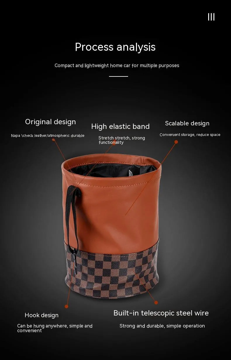 Retractable leather interior car trash can with handle, shown in colour as pictured.