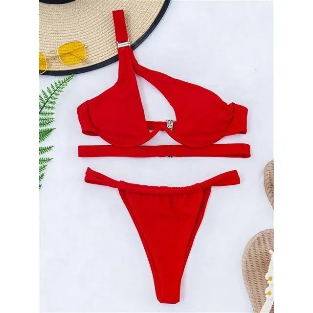 Women's split swimsuit in red with sexy pattern, front view, adult female beachwear