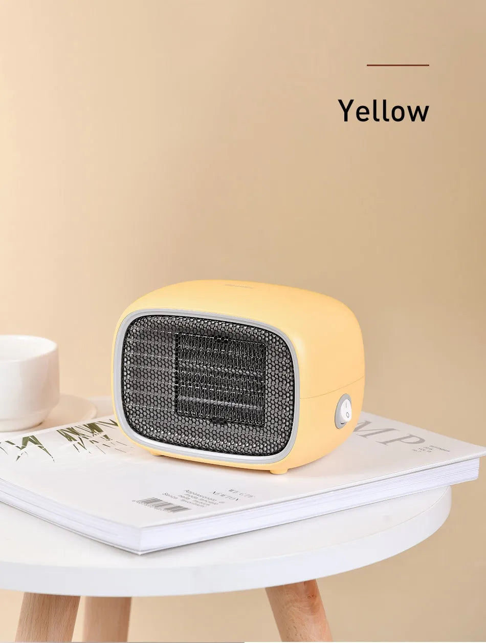 Compact green, white, or yellow mini PTC ceramic electric heater showing dimensions.