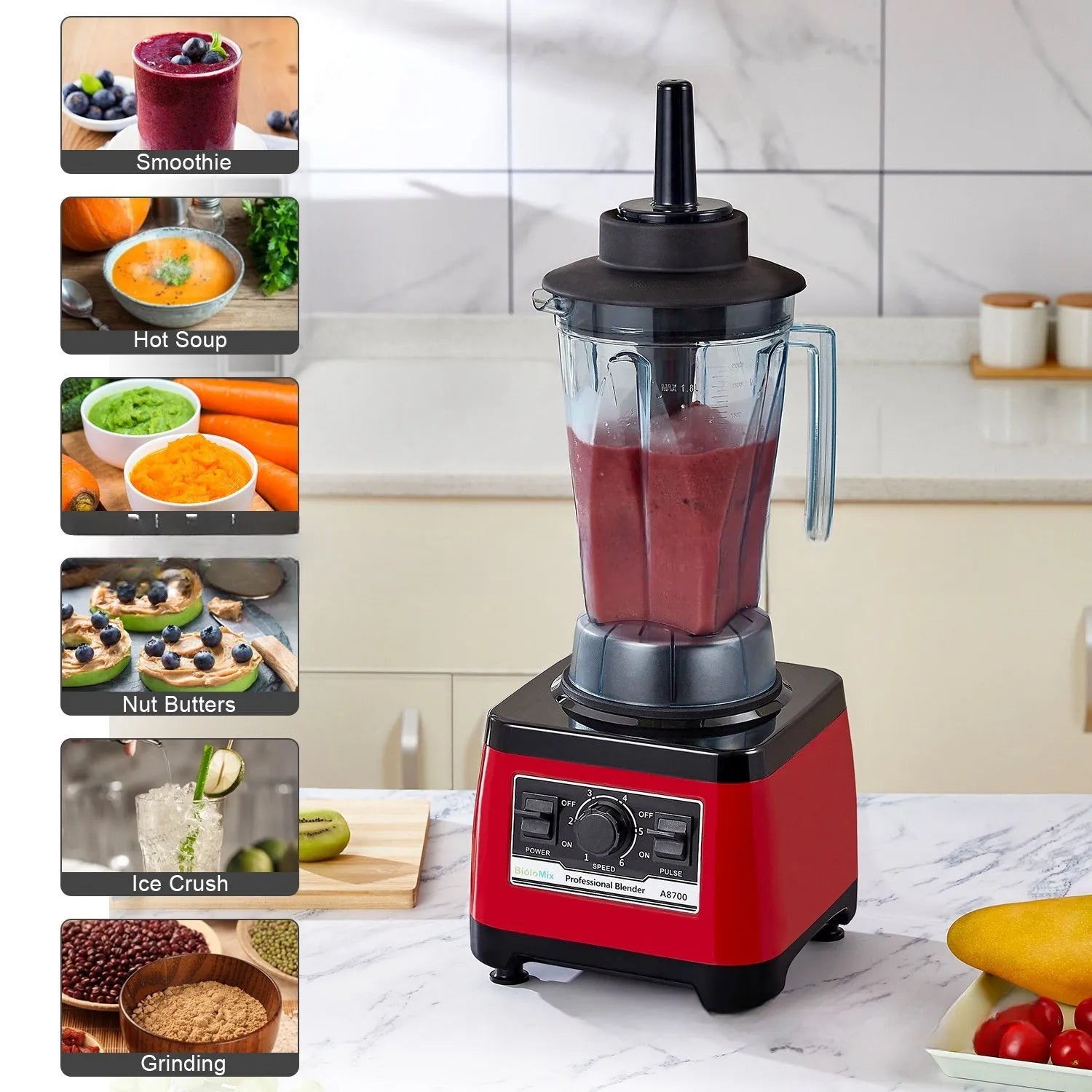 Red commercial blender with 2200W motor and 2L capacity for professional catering use
