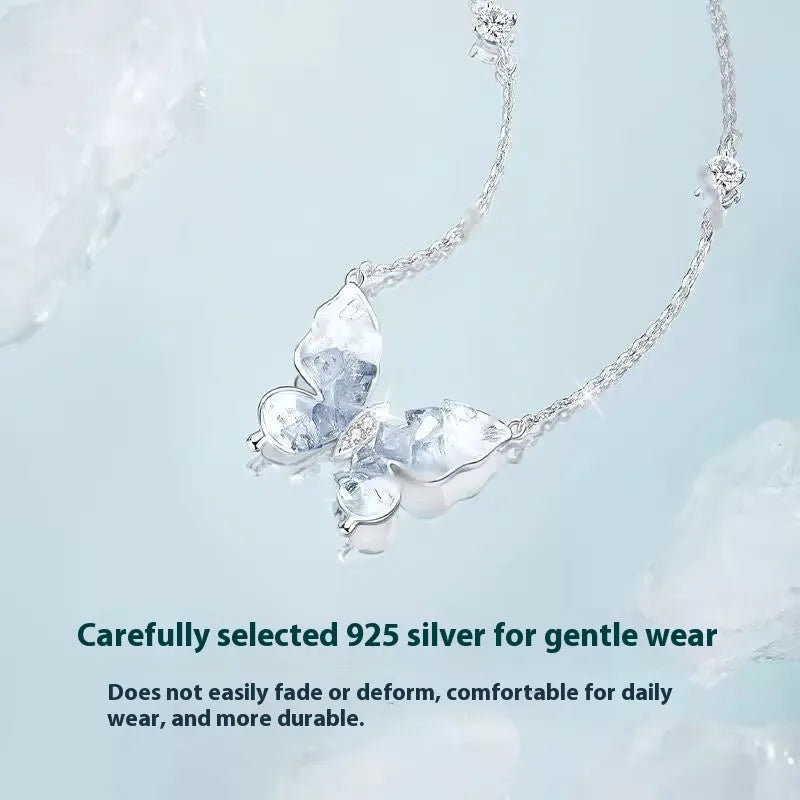 Bingyu Butterfly S925 silver necklace with O‑ring chain and adjustable 41‑50 cm length.