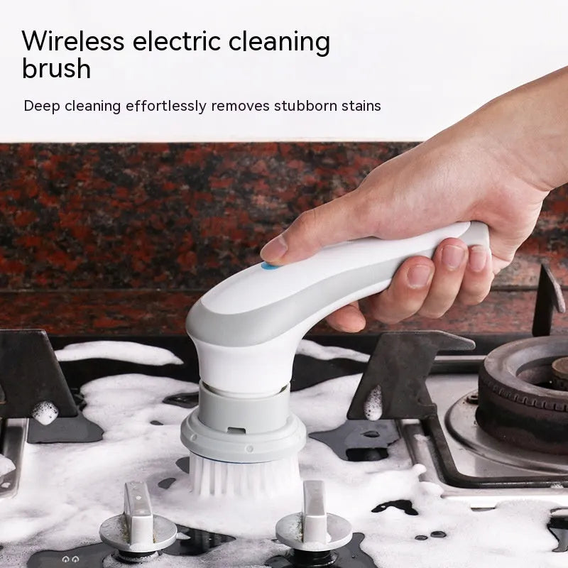 Cordless electric cleaning brush with rotating scrubber head and multiple brush attachments