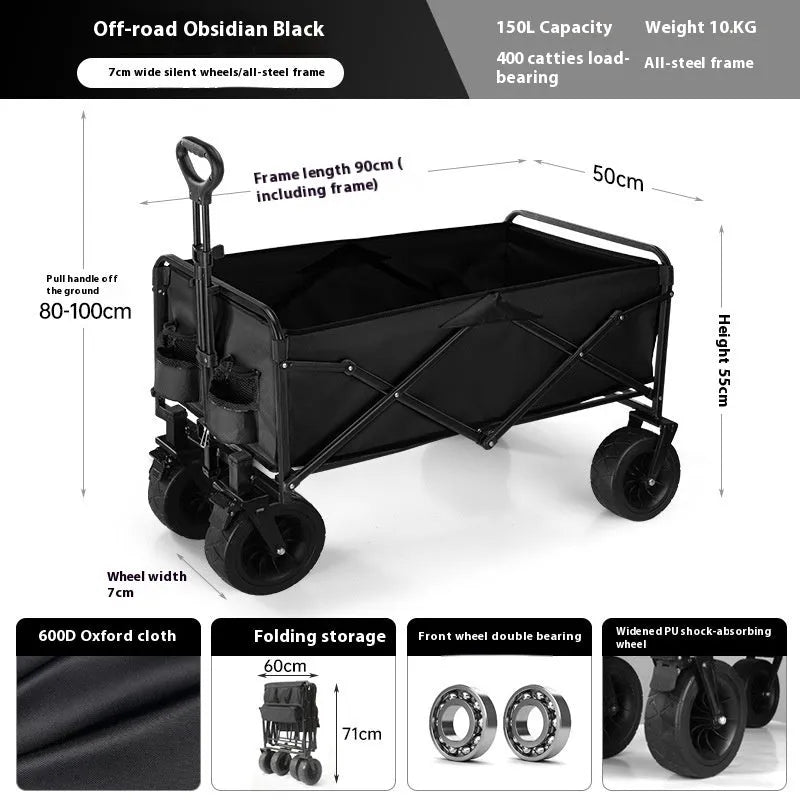 Black metal camping trolley with 8-inch off-road wheels and brakes, 400kg load capacity, on outdoor ground.