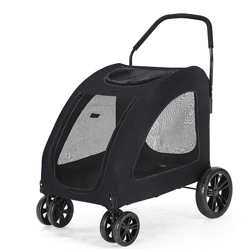 Grey foldable pet stroller for medium to large dogs with metal frame and cloth body
