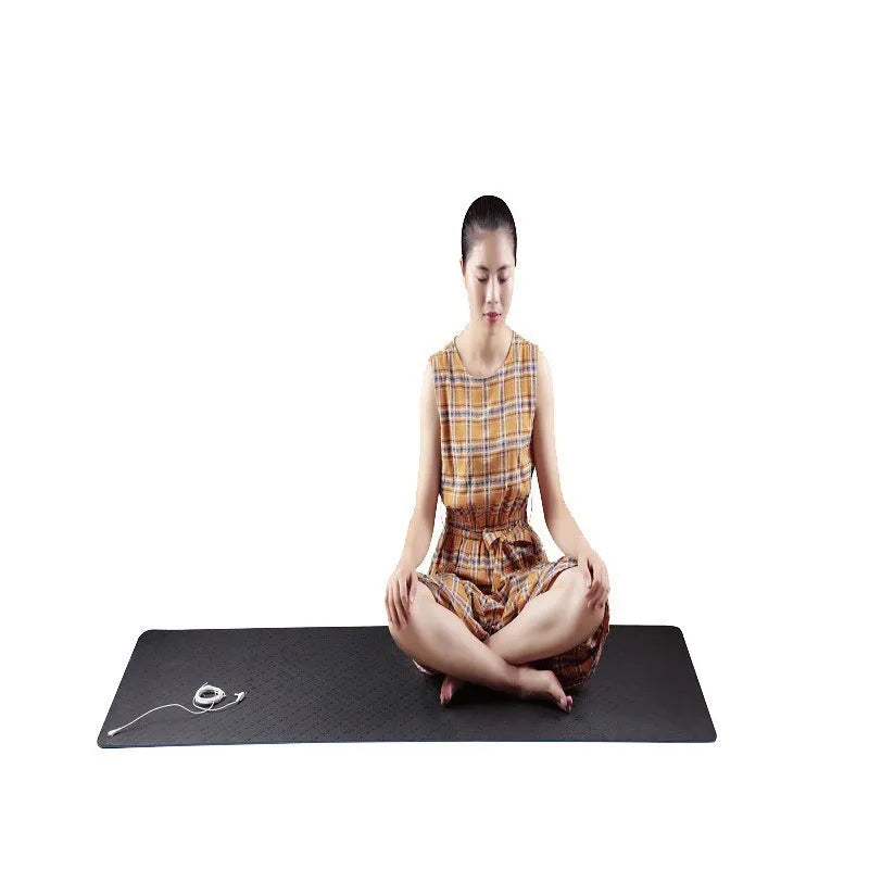 Blue conductive grounding yoga mat with plants pattern showing integrated wire and 182x61cm dimensions