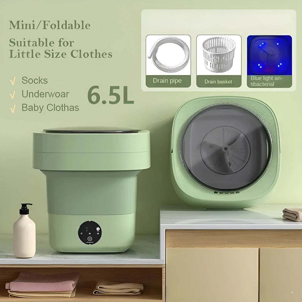 Portable folding washing machine in pine green colour with drain hose and basket
